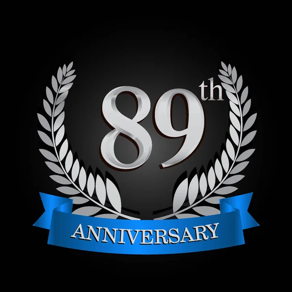 89Th Anniversary Logo Blue Ribbon Laurel Wreath Vector Template Birthday — Stock Vector