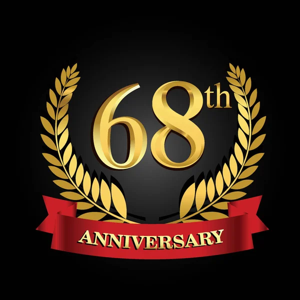 Logotipo Aniversário Ouro 68Th Com Fita Vermelha Anel Brilhante — Vetor de Stock