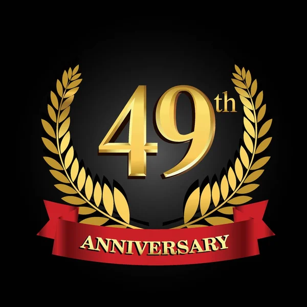 49Esimo Logo Oro Anniversario Con Anello Lucido Nastro Rosso — Vettoriale Stock