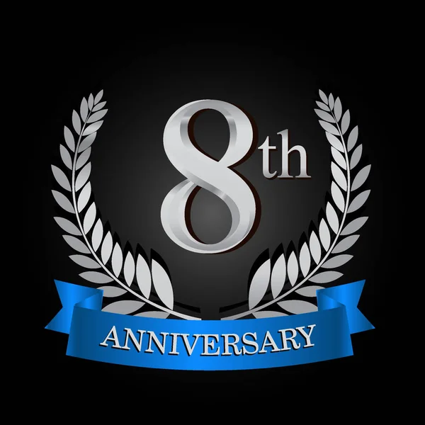 8Th Anniversary Logo Blue Ribbon Laurel Wreath Vector Template Birthday — Stock Vector