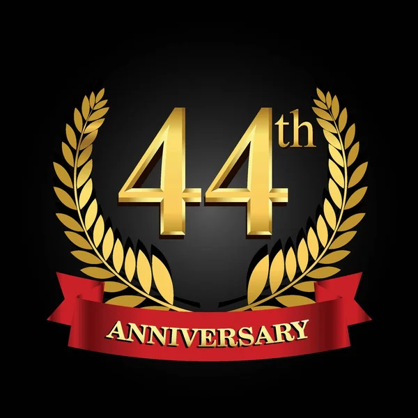 44Esimo Logo Anniversario Oro Con Anello Lucido Nastro Rosso — Vettoriale Stock