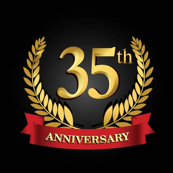 Logotipo Del 35º Aniversario Oro Con Anillo Brillante Cinta Roja — Archivo Imágenes Vectoriales