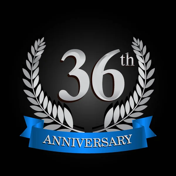 Logotipo Aniversário Anos Com Fita Azul Coroa Louro Modelo Vetor — Vetor de Stock