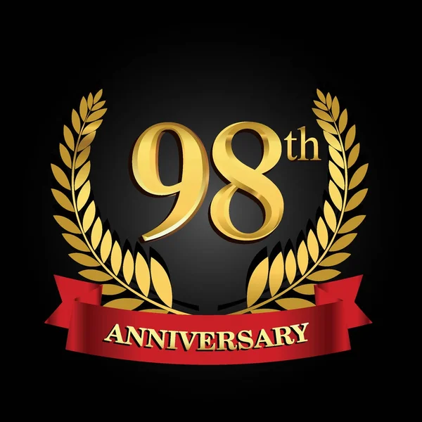 Logo 98º Aniversario Oro Con Anillo Brillante Cinta Roja — Vector de stock