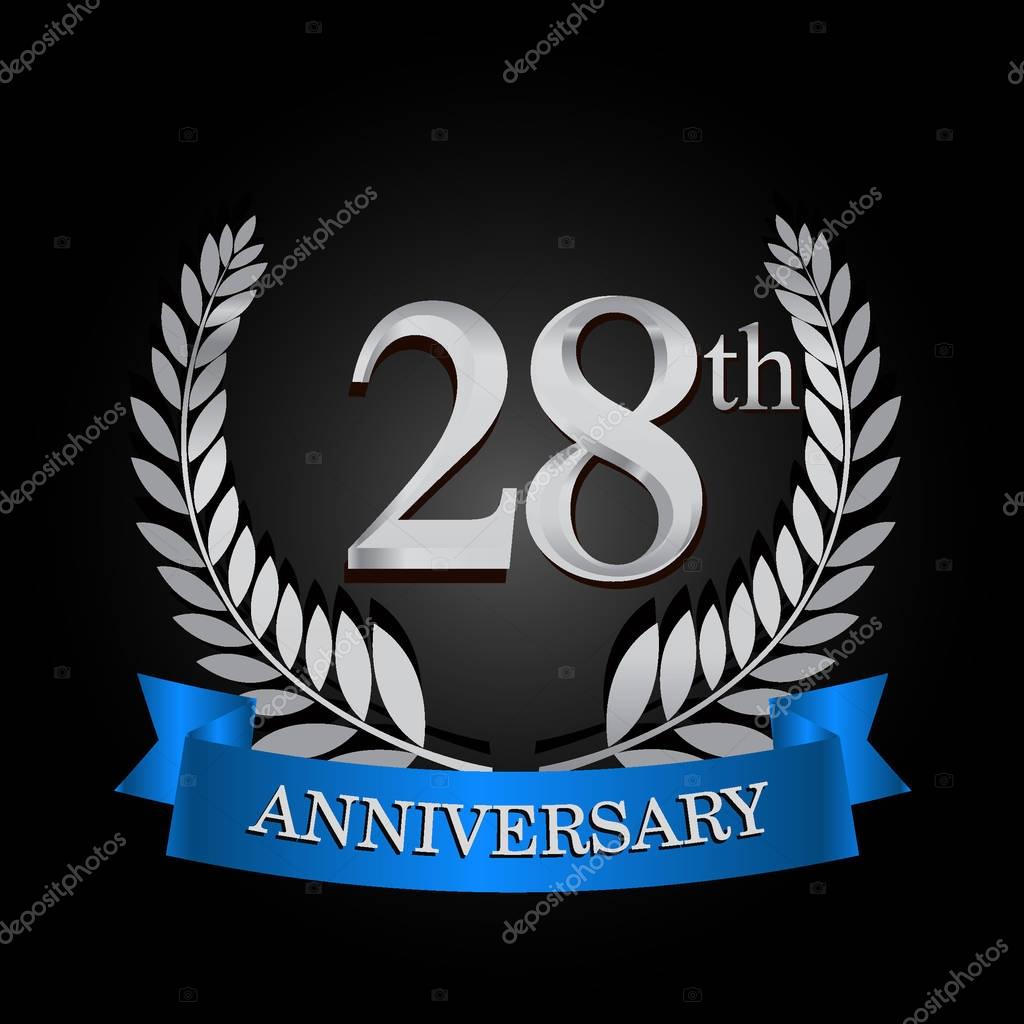 28th anniversary logo with blue ribbon and laurel wreath, vector template for birthday celebration.