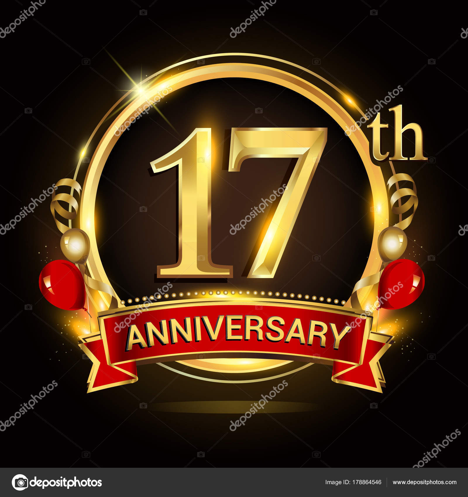 17th-anniversary-logo-golden-ring-balloons-red-ribbon-vector-design