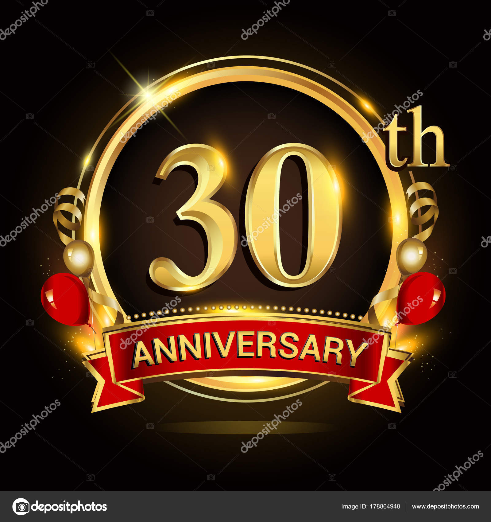 30Th Anniversary Logo Golden Ring Balloons Red Ribbon Vector Design ...