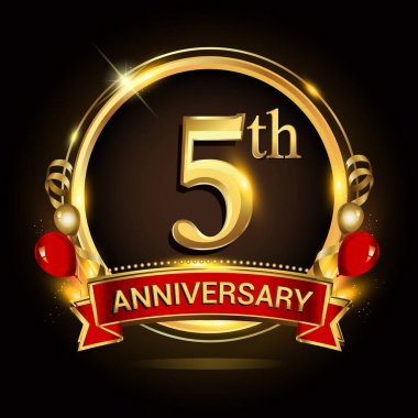 altın yüzük, balonlar ve kırmızı kurdele ile 5 yıl dönümü logo. Vektör tasarım şablonu öğeleri doğum günü kutlama.