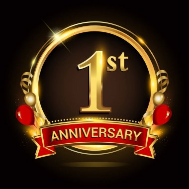 altın yüzük, balonlar ve kırmızı kurdele ile 1 yıldönümü logo. Vektör tasarım şablonu öğeleri doğum günü kutlama.