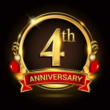 altın yüzük, balonlar ve kırmızı kurdele ile 4 Yıldönümü logo. Vektör tasarım şablonu öğeleri doğum günü kutlama.