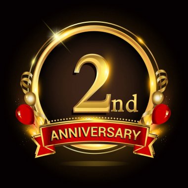 altın yüzük, balonlar ve kırmızı kurdele ile 2 yıl dönümü logo. Vektör tasarım şablonu öğeleri doğum günü kutlama.