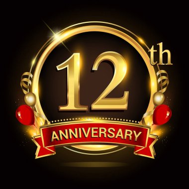 altın yüzük, balonlar ve kırmızı kurdele ile 12 yıldönümü logo. Vektör tasarım şablonu öğeleri doğum günü kutlama.