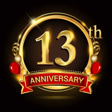 altın yüzük, balonlar ve kırmızı kurdele ile 13 yıldönümü logo. Vektör tasarım şablonu öğeleri doğum günü kutlama.