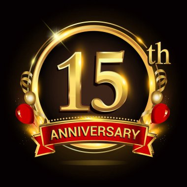 altın yüzük, balonlar ve kırmızı kurdele ile 15 inci yıldönümü logo. Vektör tasarım şablonu öğeleri doğum günü kutlama.