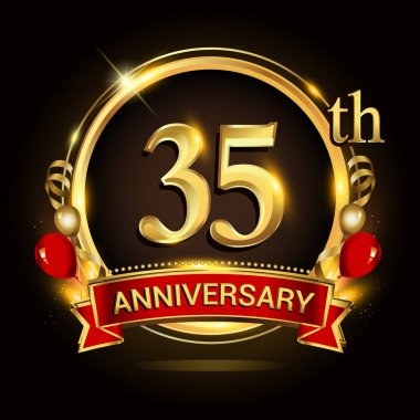 altın yüzük, balonlar ve kırmızı kurdele ile 35 yıldönümü logo. Vektör tasarım şablonu öğeleri doğum günü kutlama.