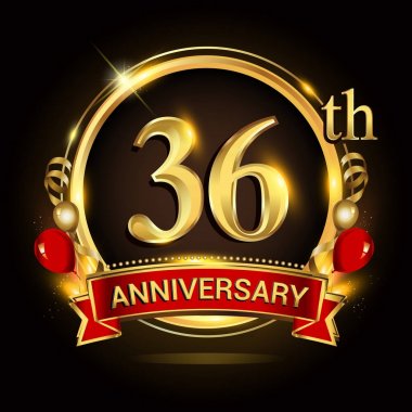 altın yüzük, balonlar ve kırmızı kurdele ile 36 yıldönümü logo. Vektör tasarım şablonu öğeleri doğum günü kutlama.