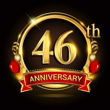  altın yüzük, balonlar ve kırmızı kurdele ile 46th yıldönümü logo. Vektör tasarım şablonu öğeleri doğum günü kutlama.