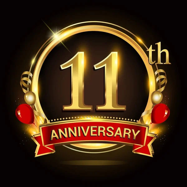 11Th Anniversary Logo Golden Ring Balloons Red Ribbon Vector Design — Stock Vector