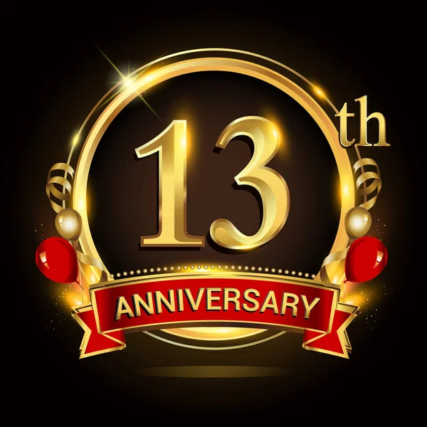 13Η Επέτειο Λογότυπο Χρυσό Δαχτυλίδι Μπαλόνια Και Κόκκινη Κορδέλα Διάνυσμα — Διανυσματικό Αρχείο