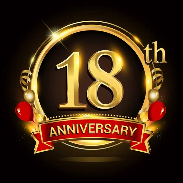 Logo Zum Jahrestag Mit Goldenem Ring Luftballons Und Roter Schleife — Stockvektor