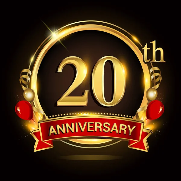 Logo Del 20º Aniversario Con Anillo Dorado Globos Cinta Roja — Archivo Imágenes Vectoriales