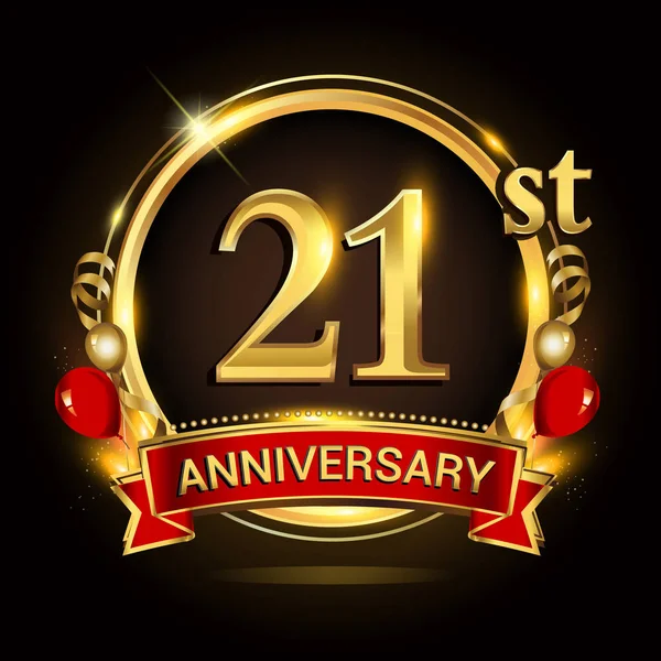 Logo Del Ventunesimo Anniversario Con Anello Oro Palloncini Nastro Rosso — Vettoriale Stock