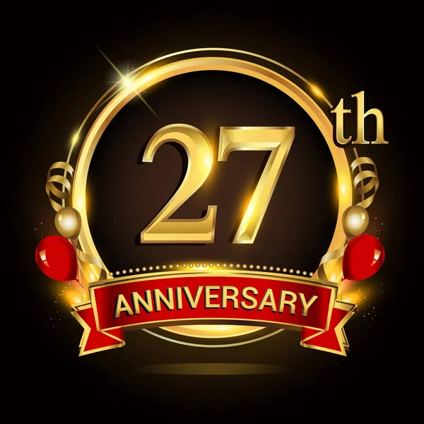 Logo 27E Anniversaire Avec Anneau Doré Ballons Ruban Rouge Éléments — Image vectorielle