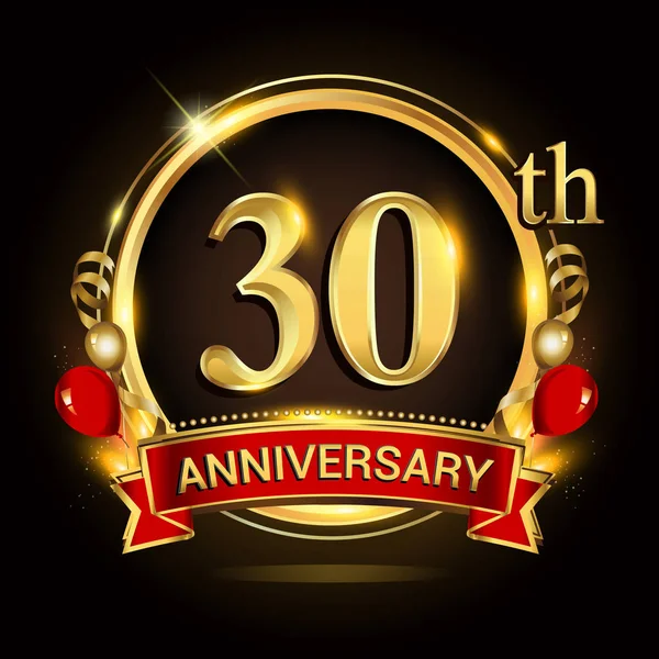 Logo Del Trentesimo Anniversario Con Anello Oro Palloncini Nastro Rosso — Vettoriale Stock