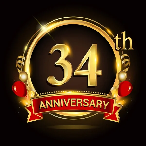 Logo Del 34Esimo Anniversario Con Anello Oro Palloncini Nastro Rosso — Vettoriale Stock