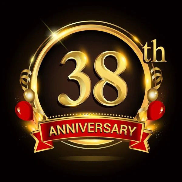 38Η Επέτειος Λογότυπο Χρυσό Δαχτυλίδι Μπαλόνια Και Κόκκινη Κορδέλα Διάνυσμα — Διανυσματικό Αρχείο