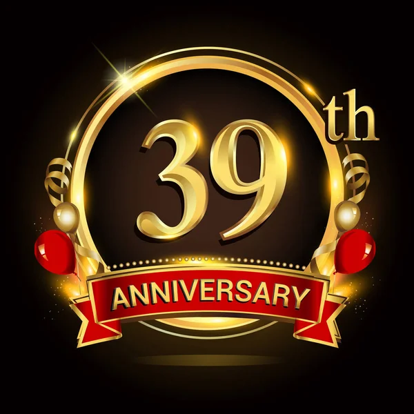 Logo Del 39º Aniversario Con Anillo Dorado Globos Cinta Roja — Vector de stock