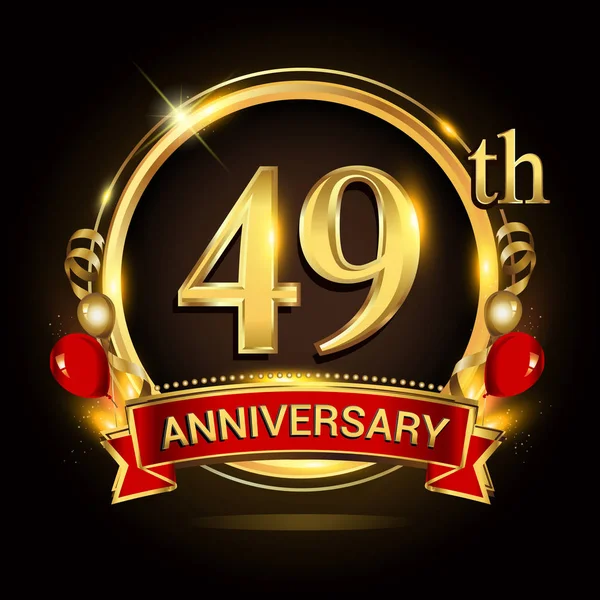 Logo Del 49º Aniversario Con Anillo Dorado Globos Cinta Roja — Vector de stock