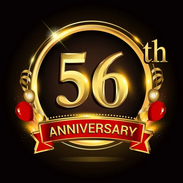 56E Verjaardagslogo Met Gouden Ring Ballonnen Rood Lint Vector Ontwerpelementen — Stockvector
