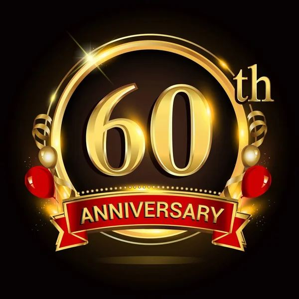 Logo 60E Anniversaire Avec Anneau Doré Ballons Ruban Rouge Éléments — Image vectorielle