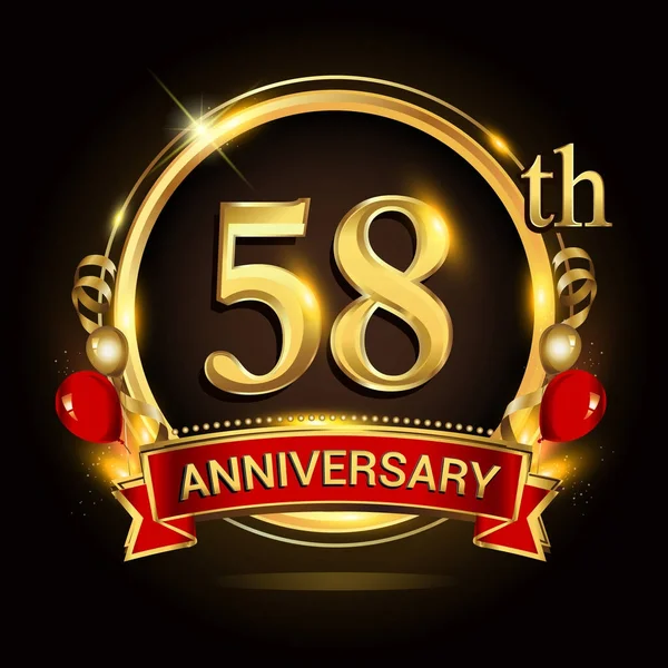 Logo 58Esimo Anniversario Con Anello Oro Palloncini Nastro Rosso Elementi — Vettoriale Stock