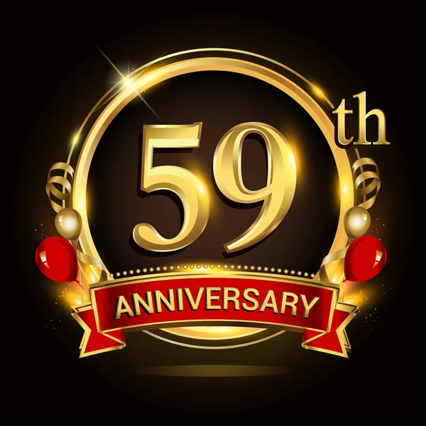 59Th Anniversary Logo Golden Ring Balloons Red Ribbon Vector Design — Stock Vector