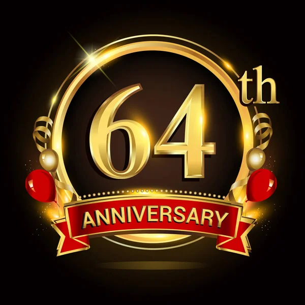 64Ste Verjaardagslogo Met Gouden Ring Ballonnen Rood Lint Vector Ontwerpelementen — Stockvector