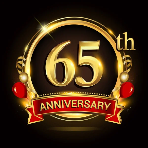 65Th Anniversary Logo Golden Ring Balloons Red Ribbon Vector Design — Stock Vector