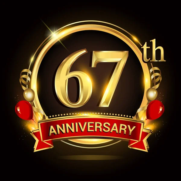 67Ste Verjaardagslogo Met Gouden Ring Ballonnen Rood Lint Vector Ontwerpelementen — Stockvector