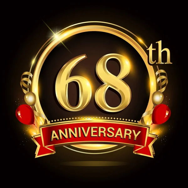 68Η Επέτειο Λογότυπο Χρυσό Δαχτυλίδι Μπαλόνια Και Κόκκινη Κορδέλα Διάνυσμα — Διανυσματικό Αρχείο