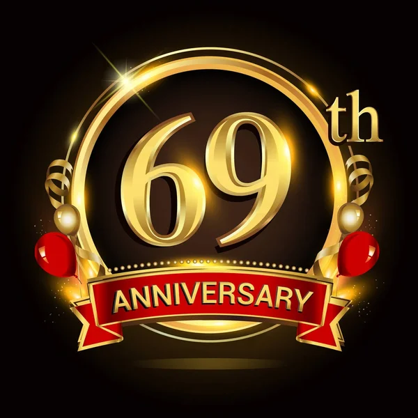 69E Verjaardagslogo Met Gouden Ring Ballonnen Rood Lint Vector Ontwerpelementen — Stockvector