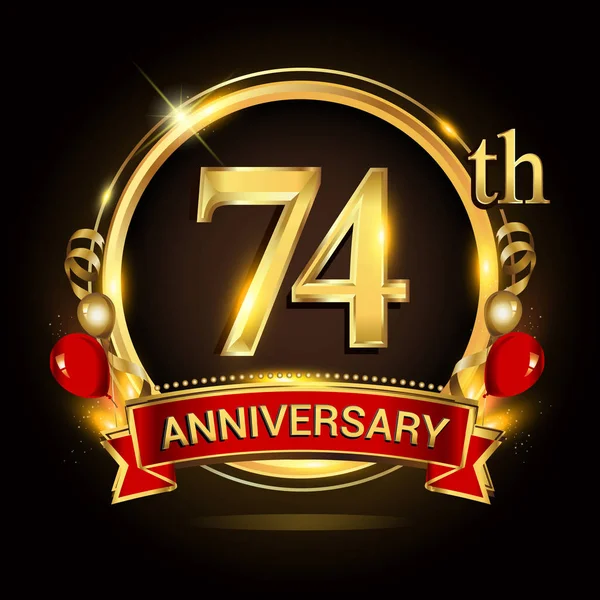 74E Verjaardagslogo Met Gouden Ring Ballonnen Rood Lint Vector Ontwerpelementen — Stockvector