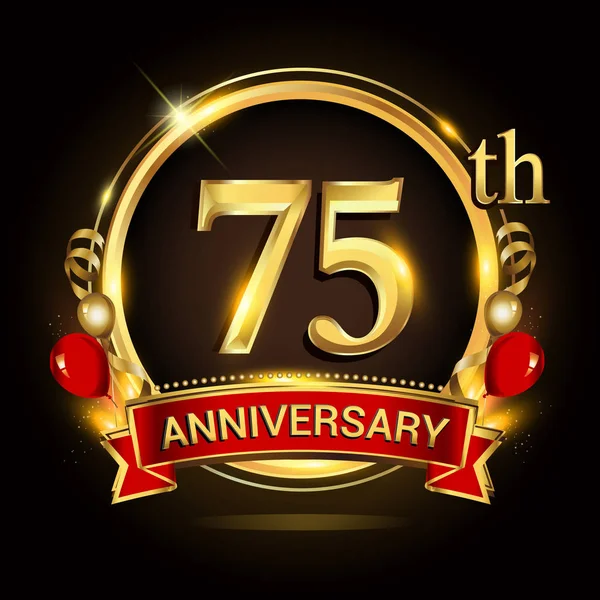 75Ste Verjaardagslogo Met Gouden Ring Ballonnen Rood Lint Vector Ontwerpelementen — Stockvector