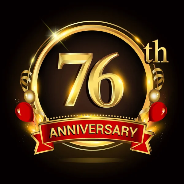 76E Verjaardagslogo Met Gouden Ring Ballonnen Rood Lint Vector Ontwerpelementen — Stockvector
