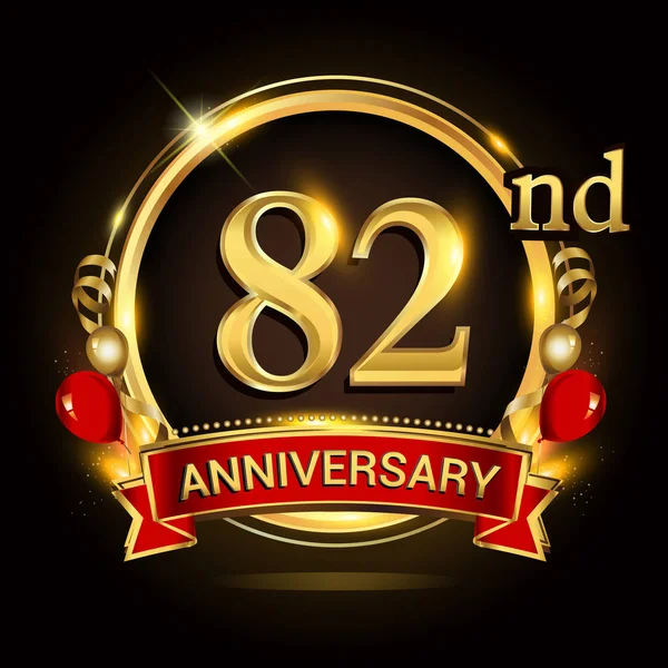 Logo 82º Aniversario Con Anillo Dorado Globos Cinta Roja Elementos — Archivo Imágenes Vectoriales