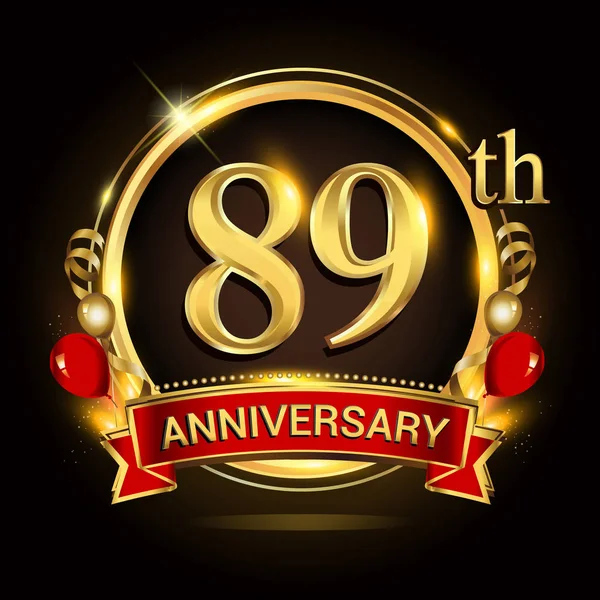 Logo 89º Aniversario Con Anillo Dorado Globos Cinta Roja Elementos — Archivo Imágenes Vectoriales