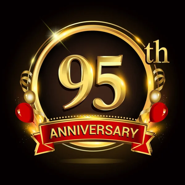 Jahrestag Logo Mit Goldenem Ring Luftballons Und Roter Schleife Vektor — Stockvektor