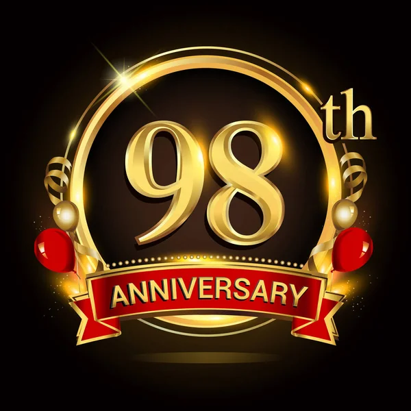 Jahrestag Logo Mit Goldenem Ring Luftballons Und Roter Schleife Vektor — Stockvektor