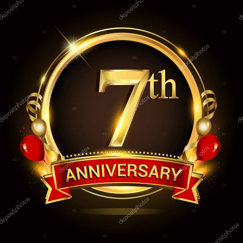 7Th Anniversary Logo Golden Ring Balloons Red Ribbon Vector Design