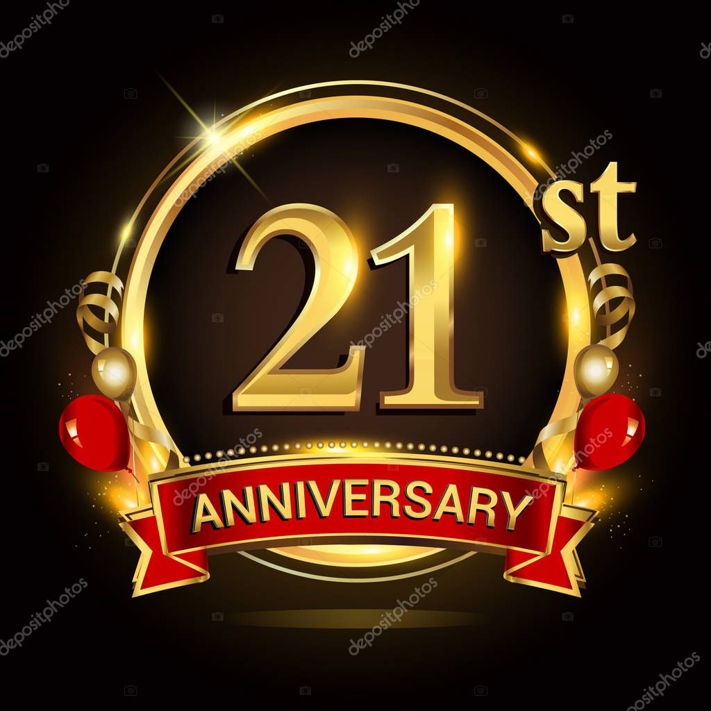 21St Anniversary Logo Golden Ring Balloons Red Ribbon Vector Design